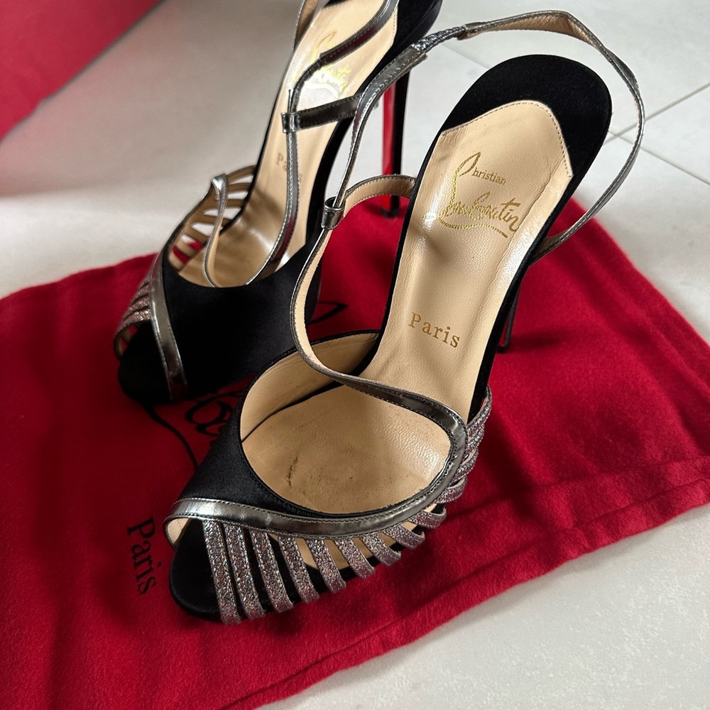 Christian Louboutin black satin with colored sparkles size 38 1/2